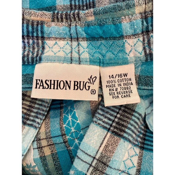 Fashion Bug Button Down Blouse Size 14 16 Turquoise Plaid Stripes 100% Cotton - Picture 7 of 9